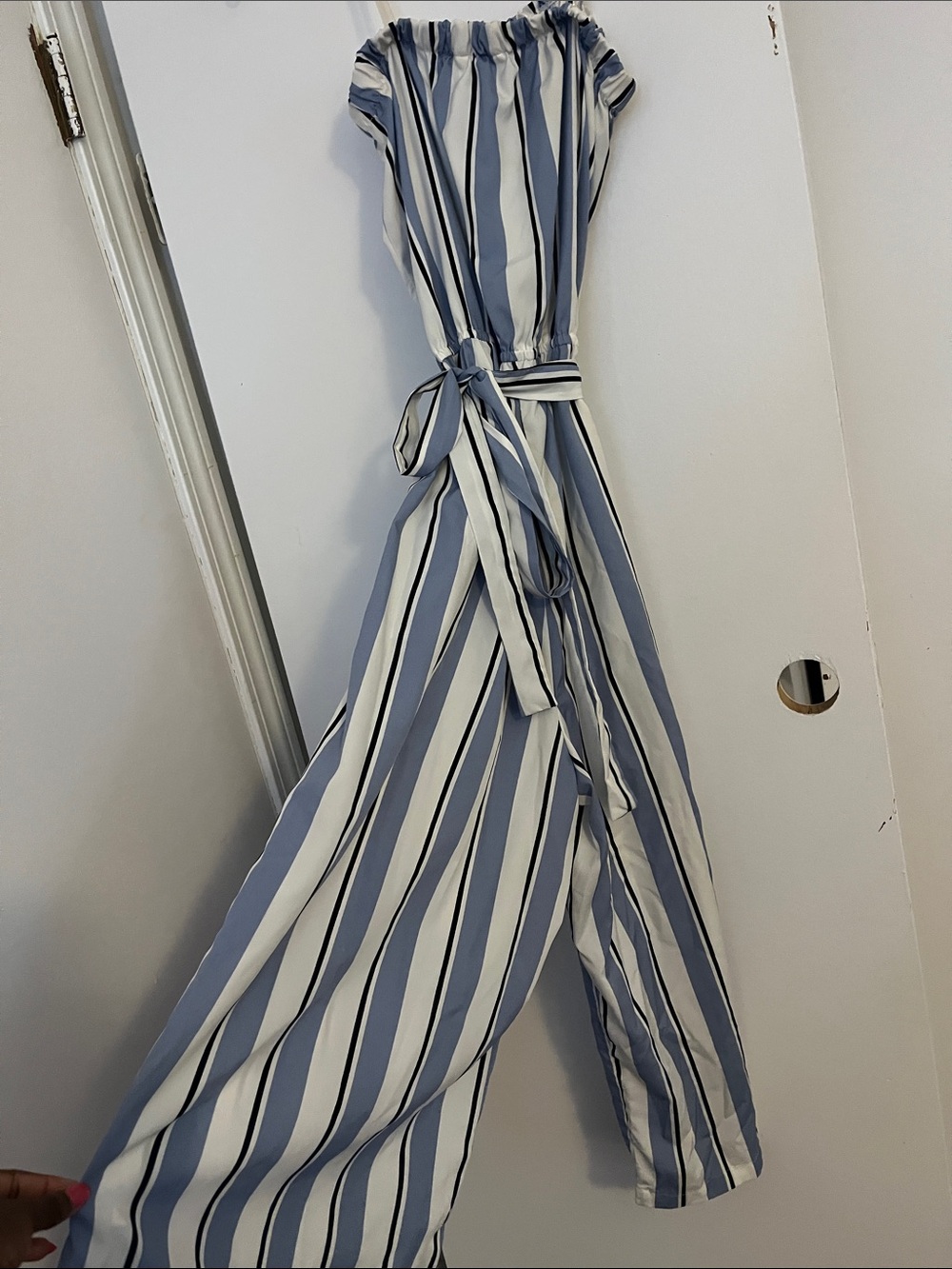 Striped Blue & White Wide-Leg Jumpsuit with Tie Waist
